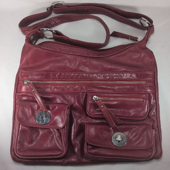 Danier Red Leather Purse Shoulder Crossbody Bag Cargo Pocket Silver Y2K Hobo Zip - Picture 1 of 16